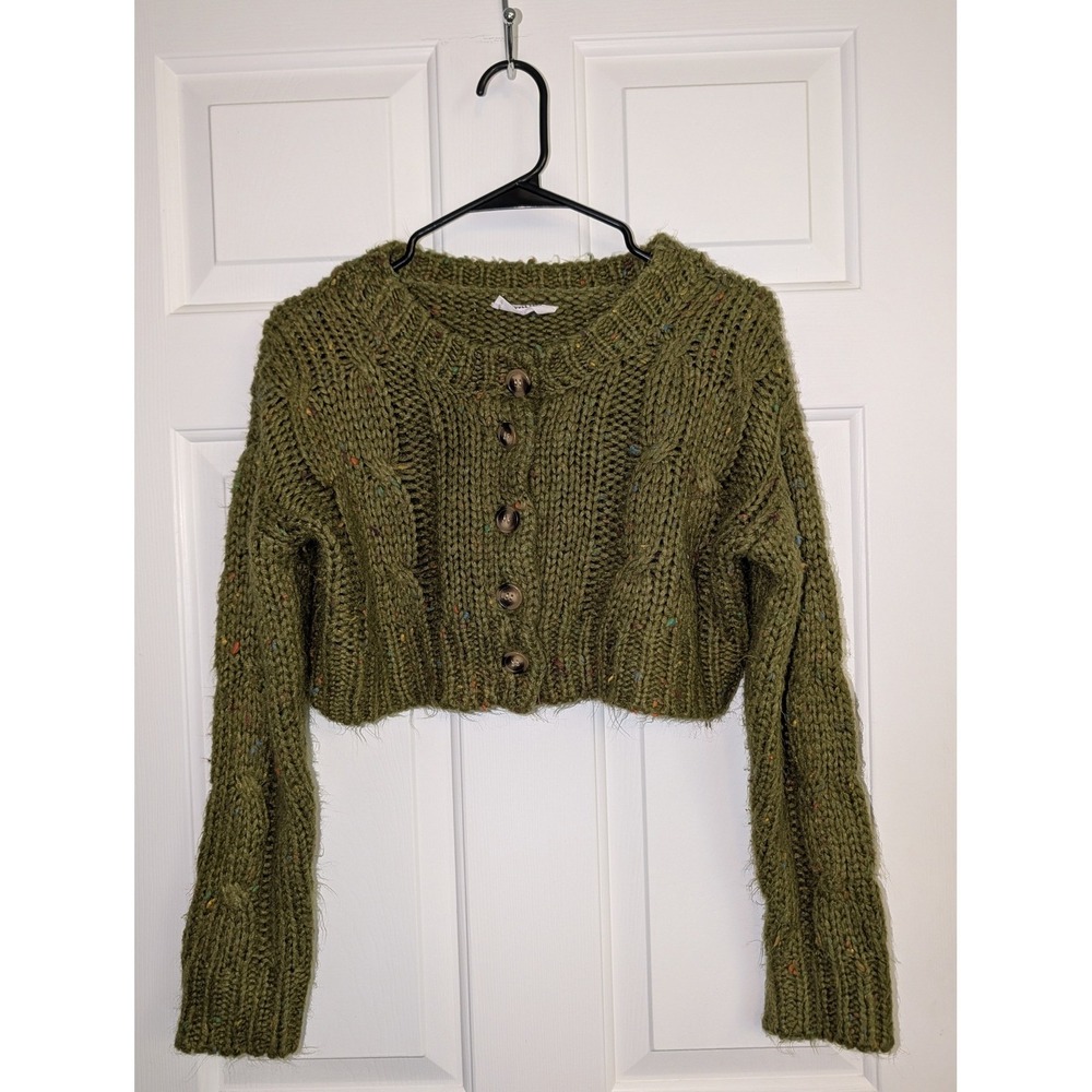Double Zero Olive Green Confetti Cable Knit Cropped Button Cardigan Sweater Sm